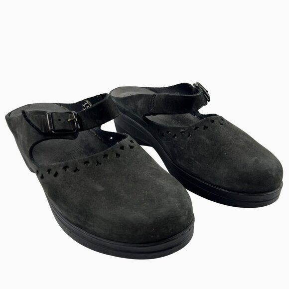 Mephisto Womens 40  Black Suede Mary Jane Clogs Adjust Strap Perforated Pattern - Picture 12 of 12